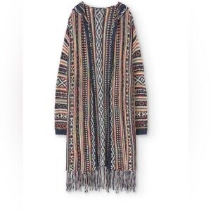 Women’s Hooded Tribal Stripe Brown Long Cardigan Sweater Size S/M